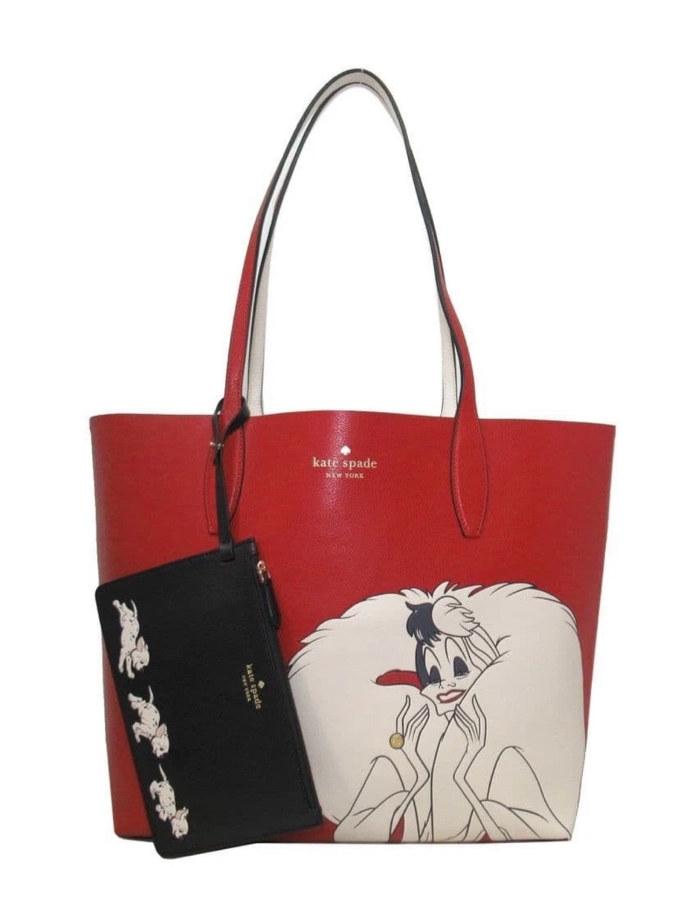 kate spade red leather tote with Cruella graphic and black pouch